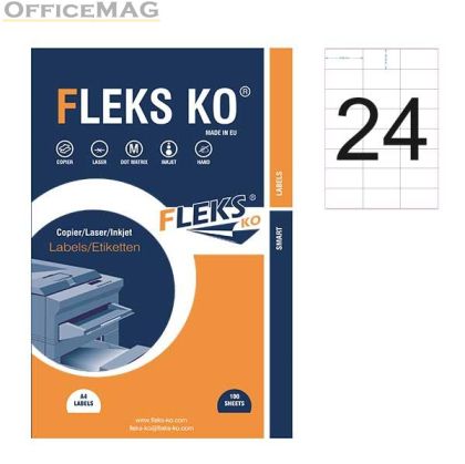 Етикети Fleks Ko Бели, прави ъгли, 70x37 mm A4, 100 л. 24 етик./лист