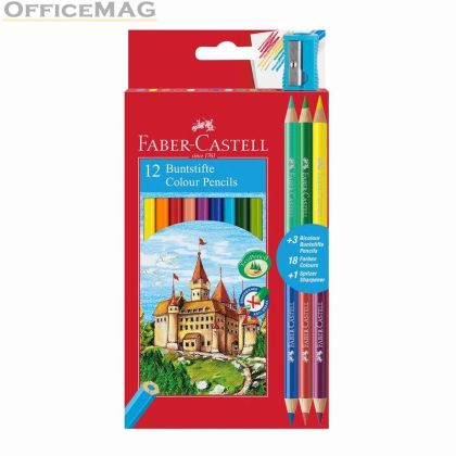 Цветни моливи Faber-Castell Castle Шестоъгълни, 12 + 6 цвята, подарък острилка