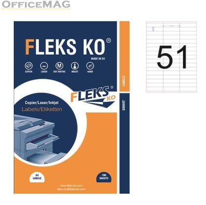 Етикети Fleks Ko Бели, прави ъгли, 70x16.9 mm A4, 100 л. 51 етик./лист