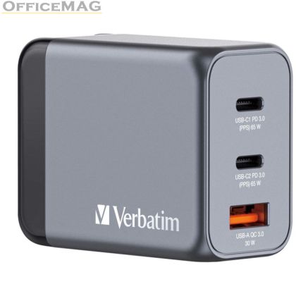 Зарядно устройство Verbatim GNC-65 GaN Charger 3 Port 65W USB A/C (EU/UK/US)