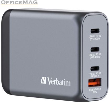 Зарядно устройство Verbatim GNC-100 GaN Charger 4 Port 100W USB A/C (EU/UK/US)