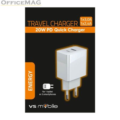 Бързо зарядно за смартфон/таблет USB-A 2.4A + USB-C 3.0A, 20W, Бял