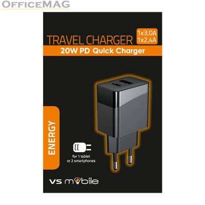 Бързо зарядно за смартфон/таблет USB-A 2.4A + USB-C 3.0A, 20W, Черен